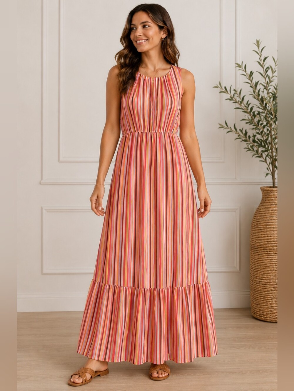LOFT Girls Multicolor Pink, Yellow & Orange Striped Sleeveless Dress